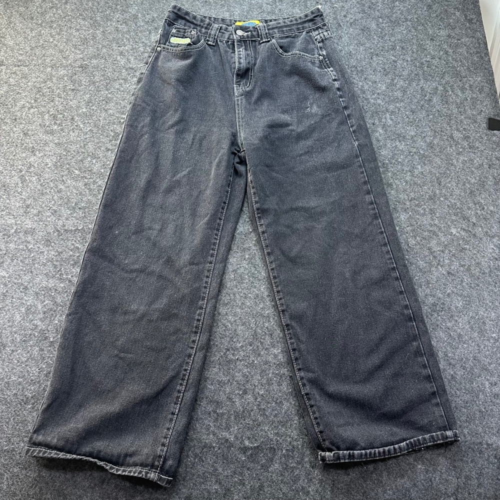 Empyre Mens Black Loose Fit Contrast Stitch Wide Leg Y2K Jeans 29x26